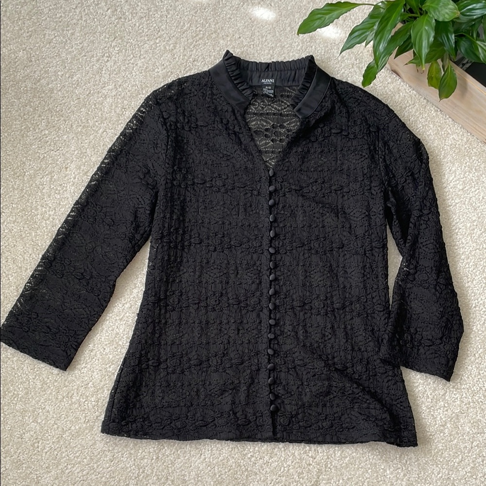 Alfani Black Lace Blouse Women’s Petite Small Button-Up V-neck with 3/4 sleeves